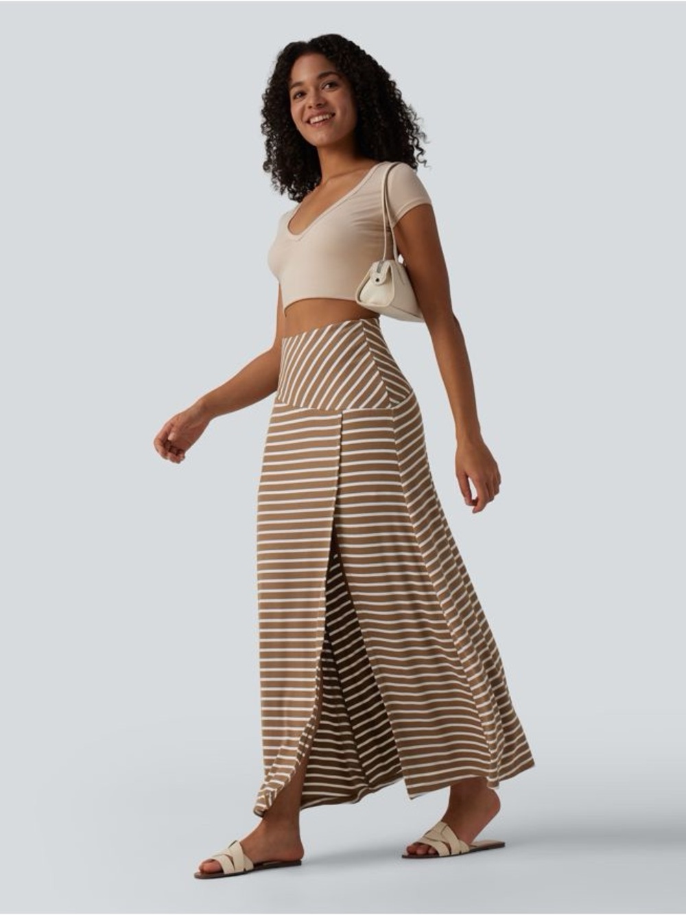 Striped Tan and White Maxi Skirt with Front Slit halara